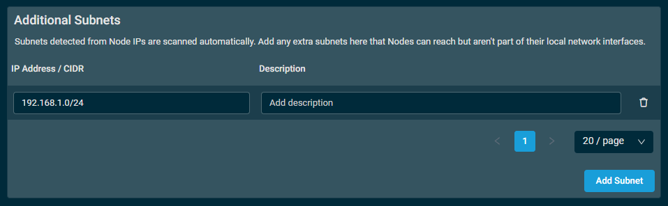The additional subnets section, showing one additional subnet in CIDR notation reading as 192.168.1.0/24 .