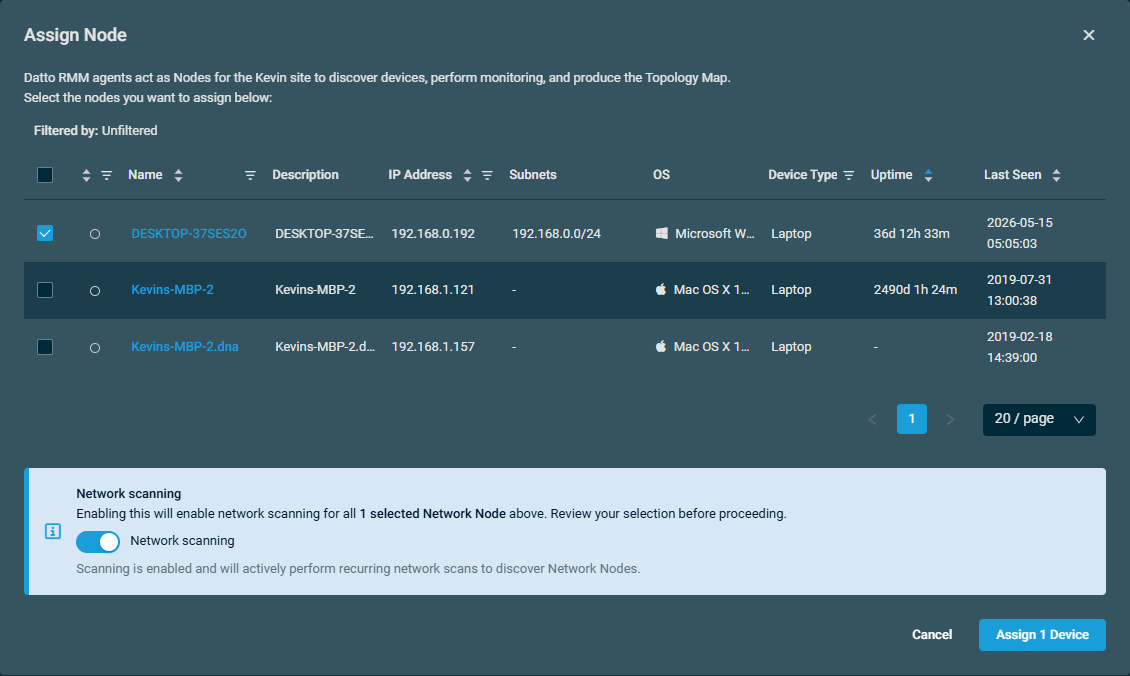 The Assign Node window showing three available devices, the first one on the list selected, along with Network Scanning enabled.