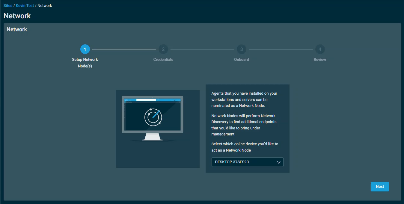 The Network setup wizard on the Setup Network Node(s) step, with an available online device selected as a network node.