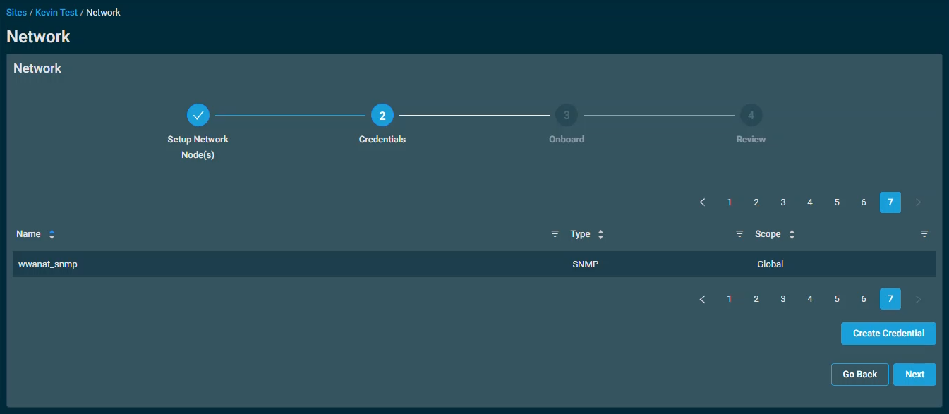 The Network setup wizard on the Credentials step, showing at least one credential configured. There is a Create Credential button in the lower right hand corner, above the Go Back and Next buttons.