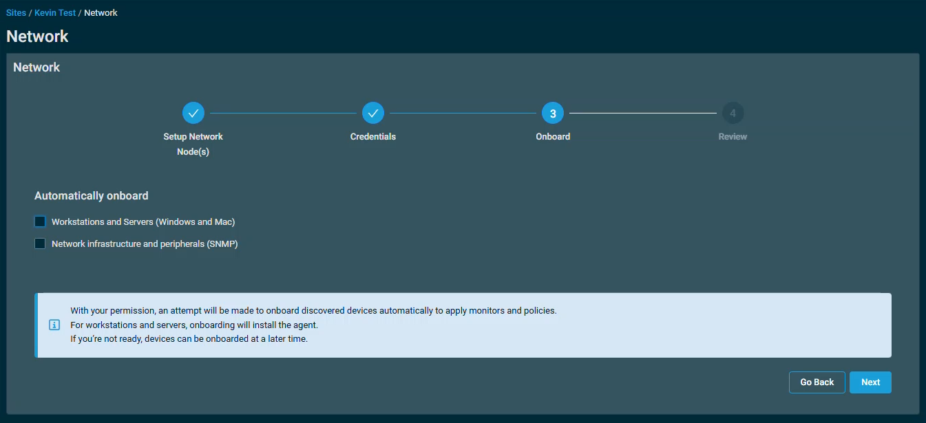 The Network setup wizard on the Onboard step. There are two options, "Workstations and Servers (Windows and Mac)" and "Network infrastructure and peripherals (SNMP)" available to select. Neither are selected.