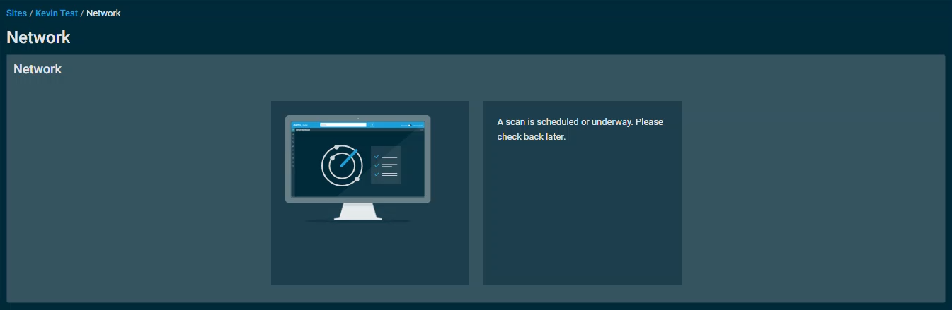 The Network window with a message stating "A scan is scheduled or underway. Please check back later."