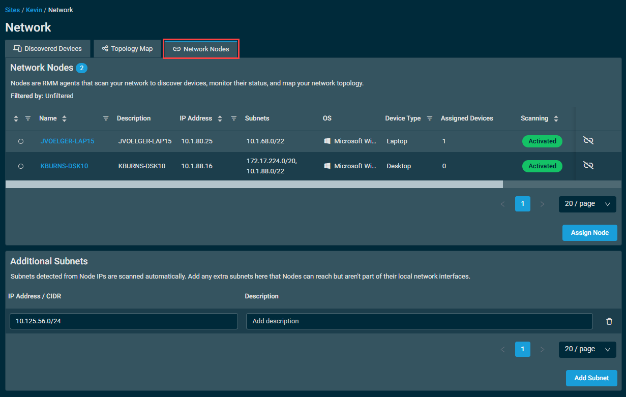 The Network page in Datto RMM with the Network Nodes tab selected.
