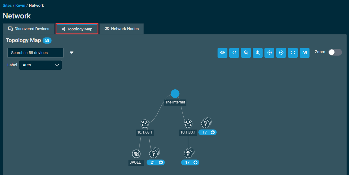 The Network page on the Topology Map tab, showing a web of devices on the site's network.