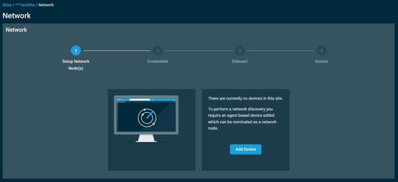 The Network setup wizard on the Setup Network Node(s) step, with text indicating that there are no devices in the site, and to add at least one device before continuing.
