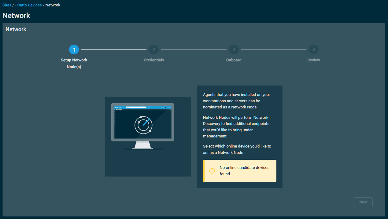 The Network setup wizard on the Setup Network Node(s) page with a message indicating that "No online candidate devices found" and the Next button greyed out, indicating setup cannot continue.
