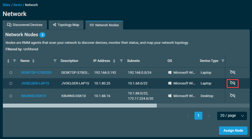 The Network Nodes tab with a red box around the Unassign as Node button for the second device in the list.