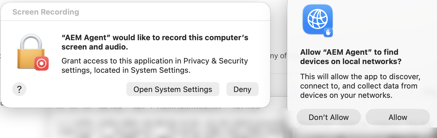 The Screen Recording prompt (left) and the Local Network prompt (right).