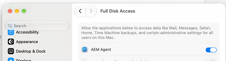 This is what it looks like once Full Disk Access is on.